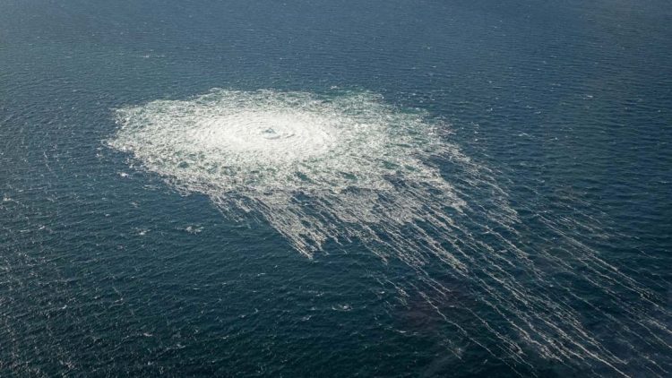 FILE PHOTO: Gas bubbles from the Nord Stream 2 leak reaching surface of the Baltic sea in the area shows disturbance of well over one kilometre  diameter near Bornholm
