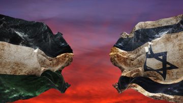 retro grunge flags of Palestine  and Israel waving in the wind. Palestinian conflict concept. 3d illustration