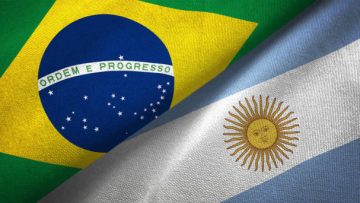 Argentina and Brazil flags together realtions textile cloth fabric texture